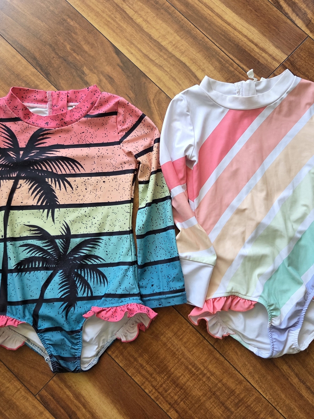 Kids Long Sleeve Swim One-Piece - Rainbow Palm & Pastel Stripe